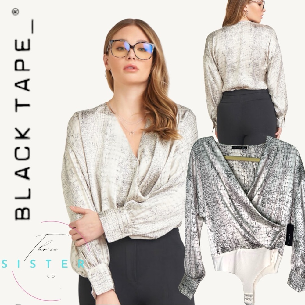Black Tape Wrap Body Suit in Cream Snake Long Sleeve